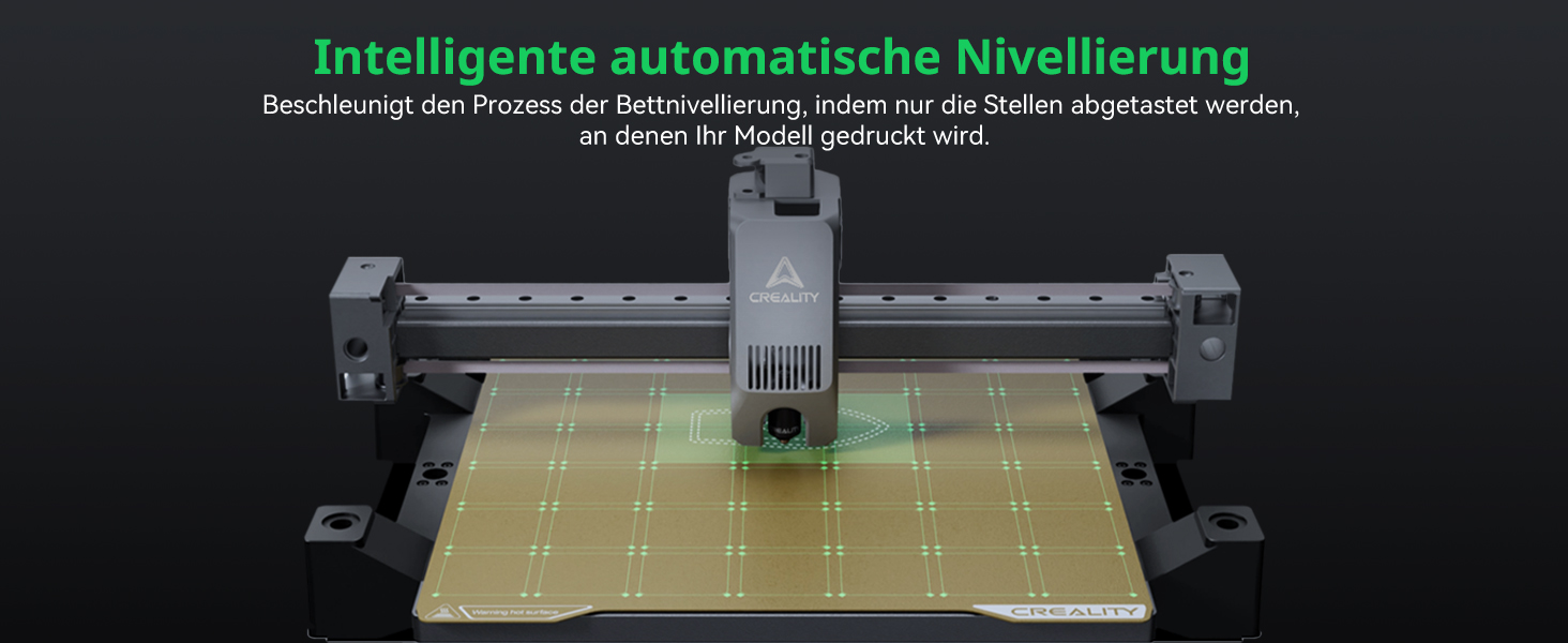 Der Text lautet „Intelligente automatische Nivellierung“. Technische Abbildung, die ein Präzisionsnivelliersystem mit mechanischen Komponenten auf einer gerasterten gelben Oberfläche zeigt.