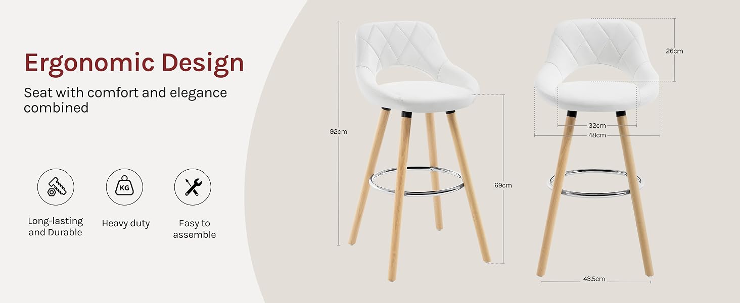 Two modern bar stools with white seats, metal frames, and wooden legs, featuring ergonomic design elements.