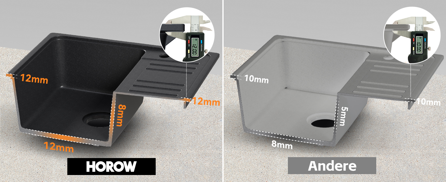 Comparison of two square planters: black on left, gray on right.
[SENTENCE 8] Both feature drainage holes and raised edges.
[SENTENCE 9] Dimensions labeled, showing slight size difference between models.
