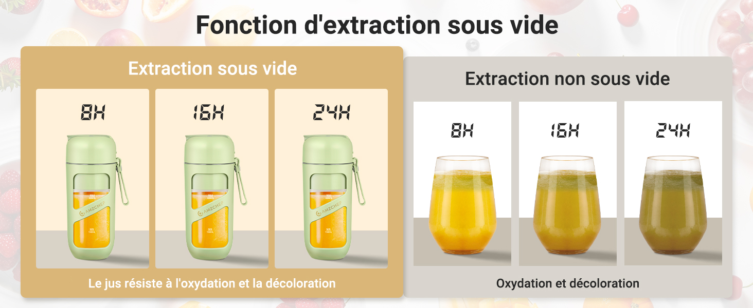 Schéma comparatif montrant l'oxydation du jus au fil du temps (8H, 15H, 24H) avec et sans extraction sous vide, affiché dans des récipients en verre
