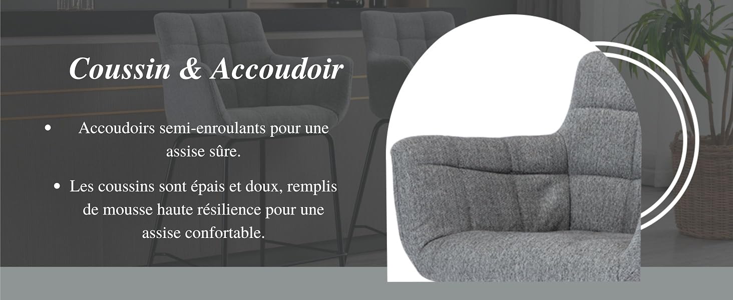 gris au design incurvé, doté d'un dossier haut et d'une assise rembourrée. Le texte décrit des coussins confortables pour une expérience d'assise confortable.