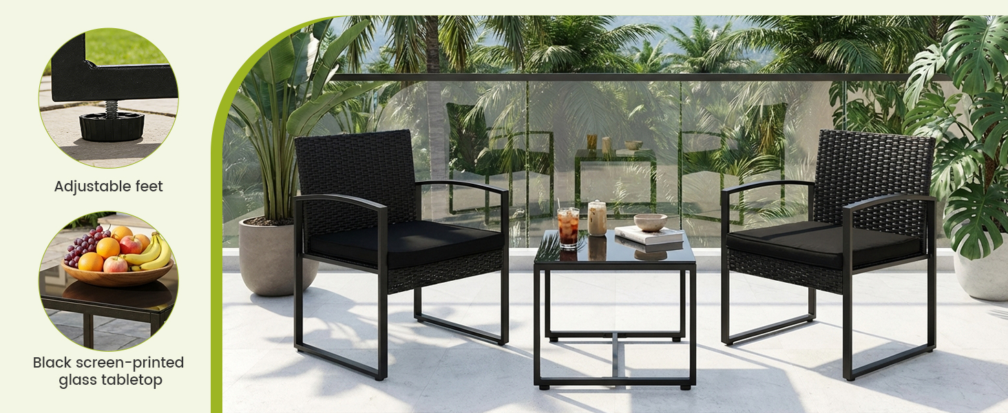 Le texte indique « KIT AUTO ON LINE » et « Rock aerona Vertical ». Terrasse extérieure avec chaises à cadre en métal noir et table disposées dans le jardin avec verdure et serre visibles.
