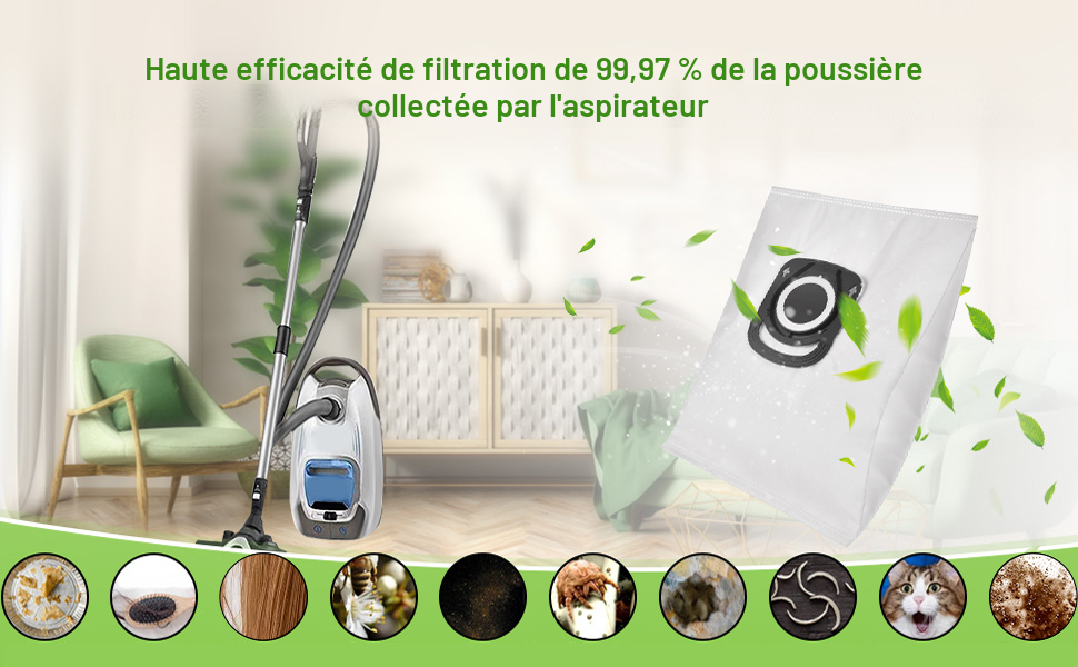 Aspirateur dans un salon avec plante. Selon le texte, une efficacité d'extraction de poussière de 99,97 % est indiquée. Les symboles montrent différentes possibilités de filtration