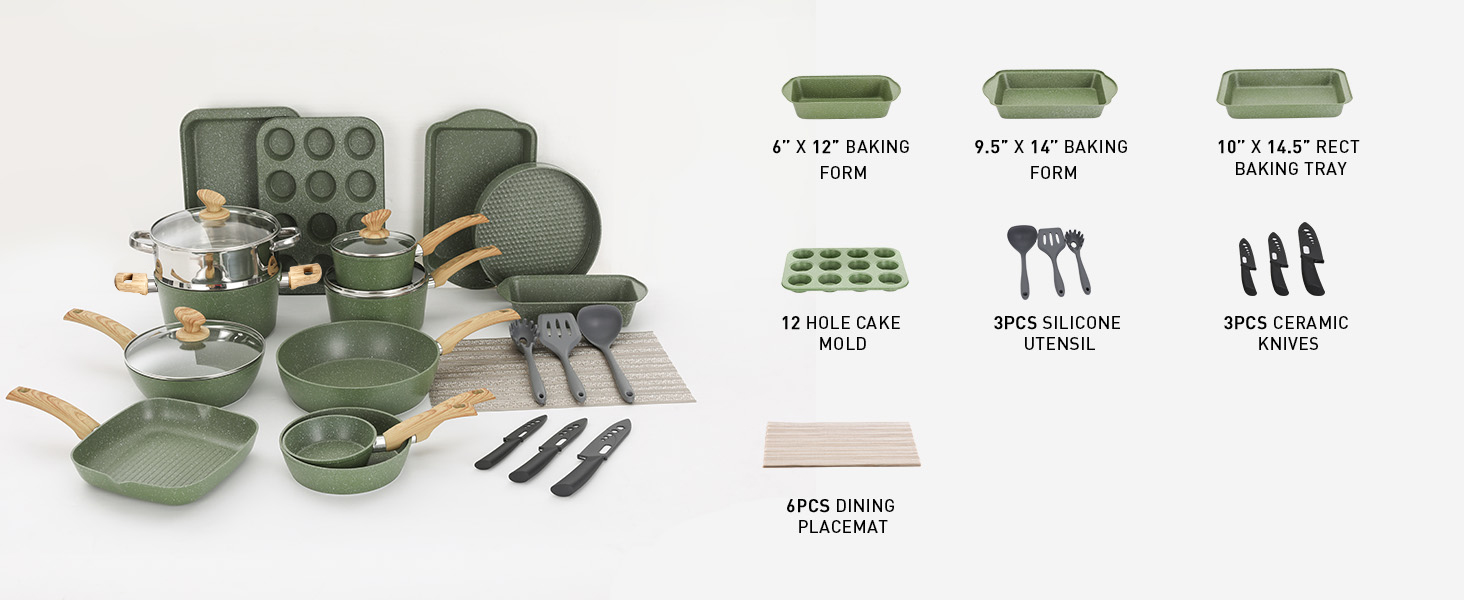 Military-style camping mess kit in olive green, including plates, cups, utensils and storage case. Product specifications shown with measurements.