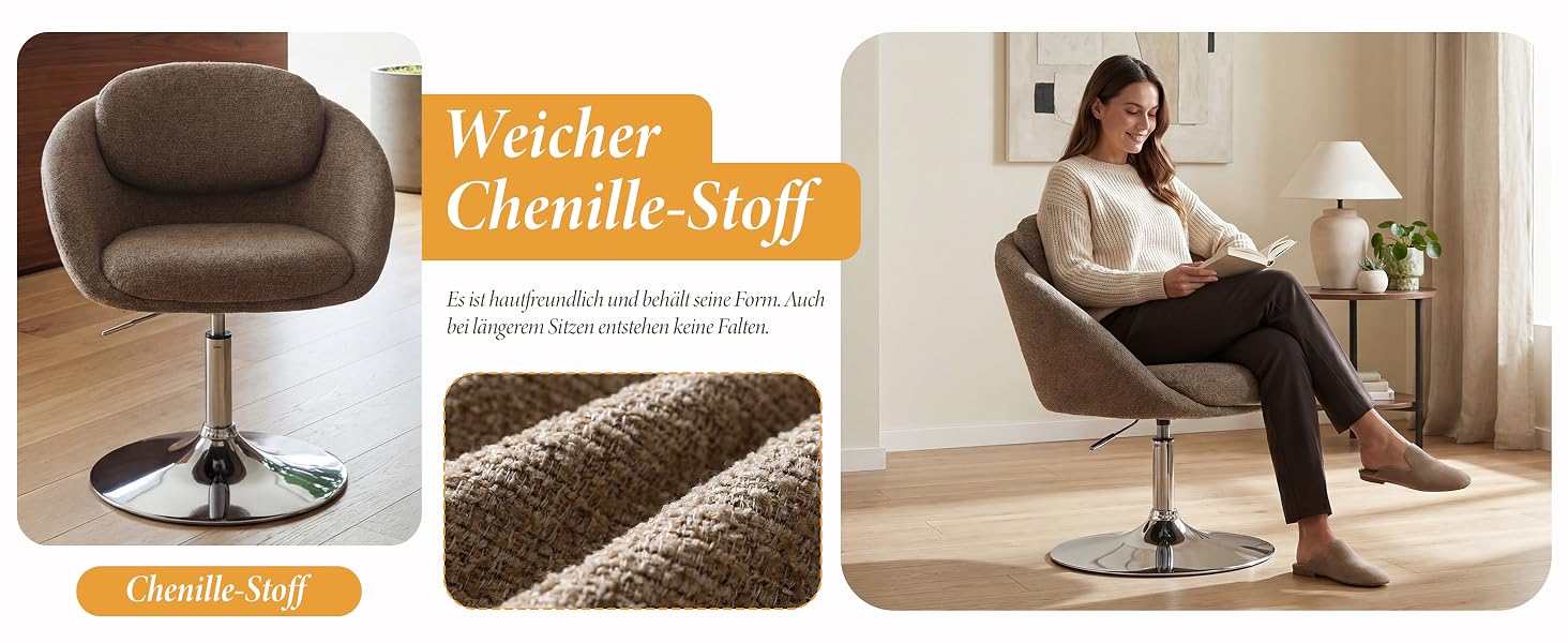 Der Text lautet „Weicher Chenille-Stoff“. Das geteilte Bild zeigt einen braunen Drehstuhl mit Stoffstruktur und einen vollen Stuhl mit einer Person, die in einer modernen Inneneinrichtung sitzt.