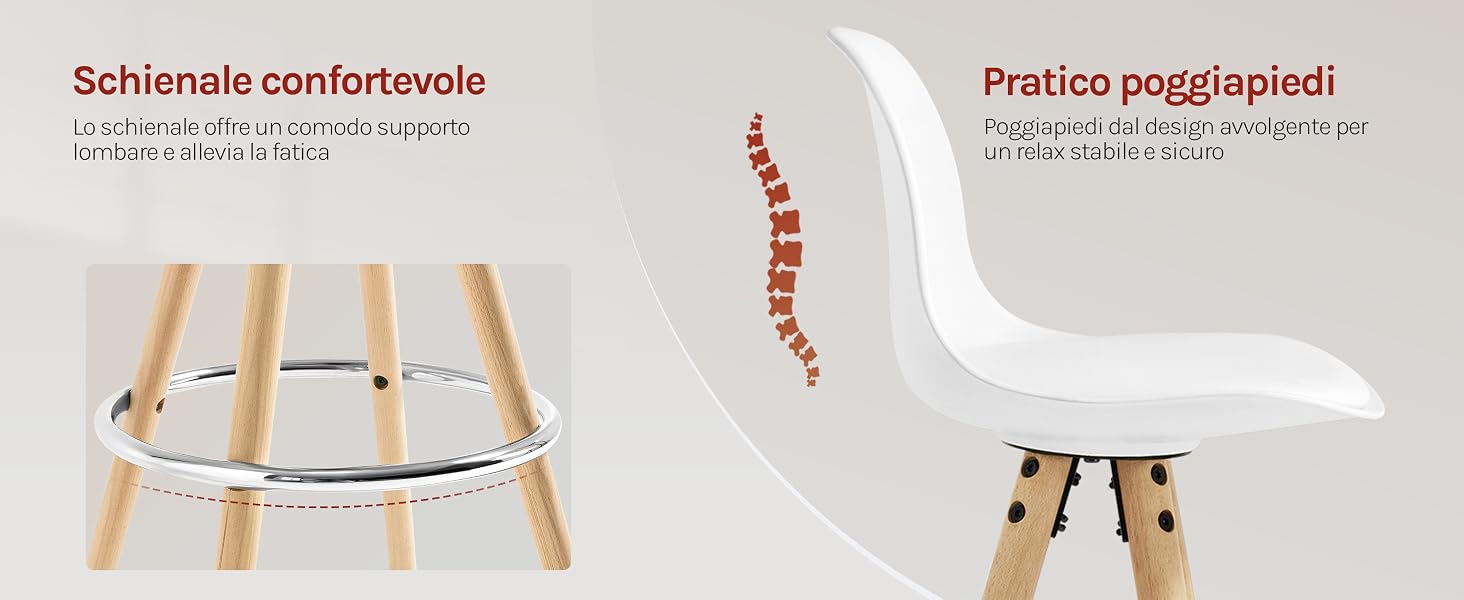 Componenti della sedia: gambe in legno con anello in metallo, seduta bianca e schema della colonna vertebrale. Il testo in italiano descrive comfort e praticità. L'immagine divisa mostra una vista parziale della sedia