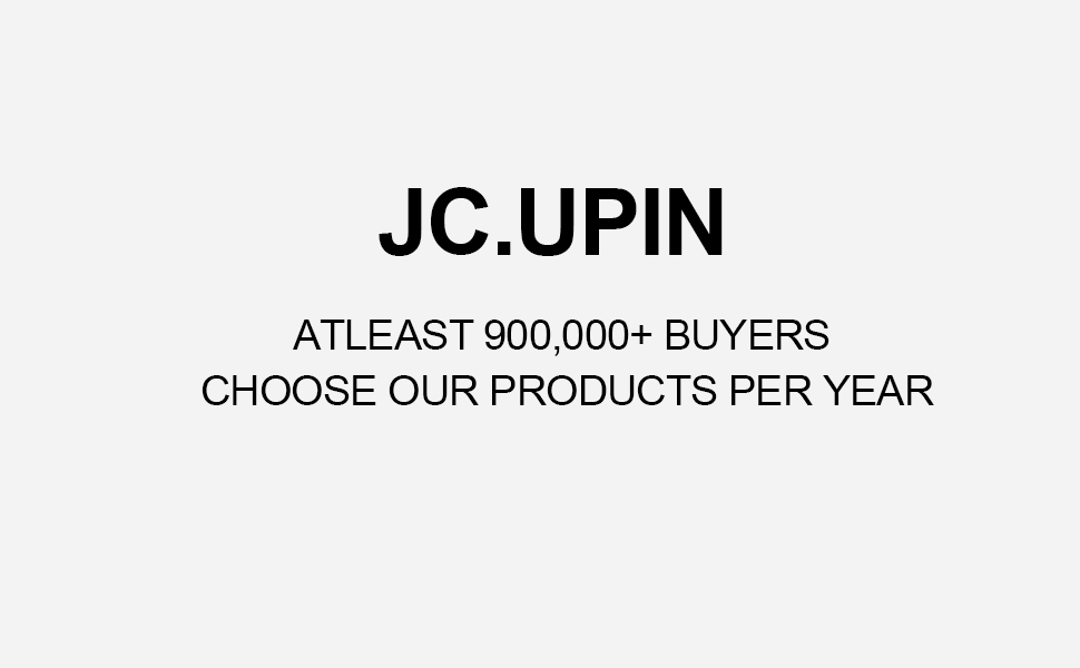Text-only image displaying 'JC.UPIN' and 'ATLEAST 900,000+ BUYERS CHOOSE OUR PRODUCTS PER YEAR' on a white background.
