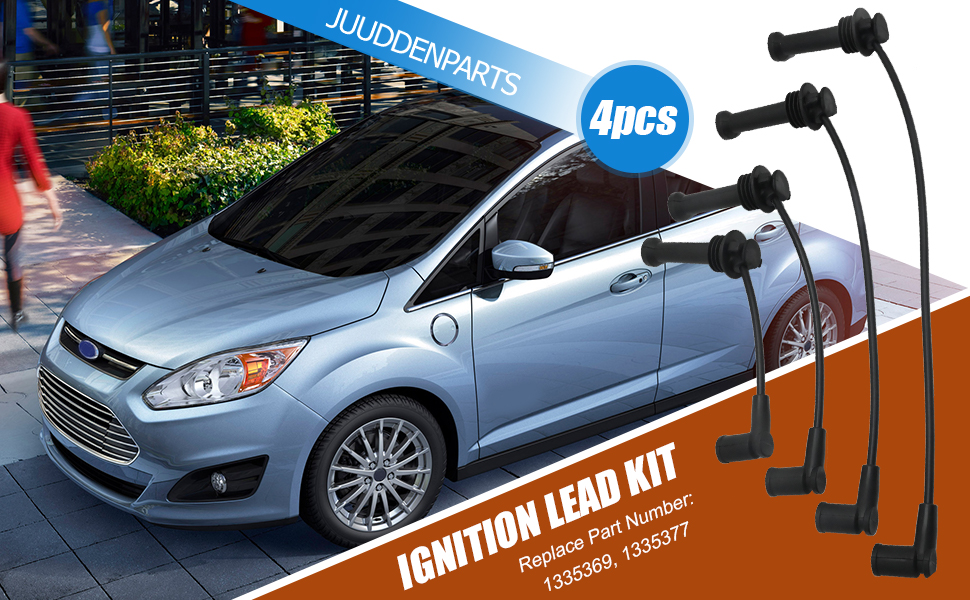 Text reads 'IGNITION LEAD KIT'. Marketing image showing a light blue Ford C-Max vehicle with multiple spark plug lead illustrations overlaid.