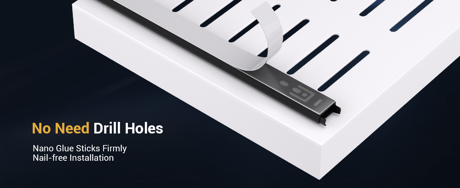 No-drill installation demonstration showing nano-adhesive mounting strips on a white surface with dark diagonal lines.