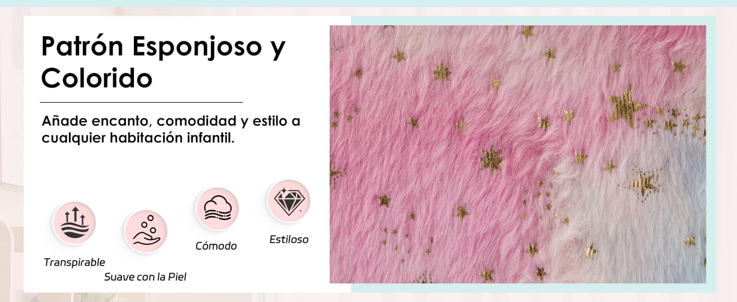 El texto dice «Patrón Esponjoso y Colorido». Patrón decorativo rosa y blanco con elementos brillantes. Iconos que muestran diferentes funciones o aplicaciones.