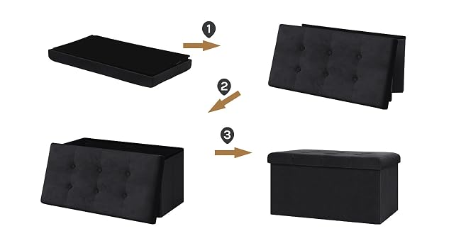 . El cojín rectangular negro se despliega en un banco con capitoné y luego se transforma en una caja de almacenamiento con tapa. Guía visual de cuatro pasos