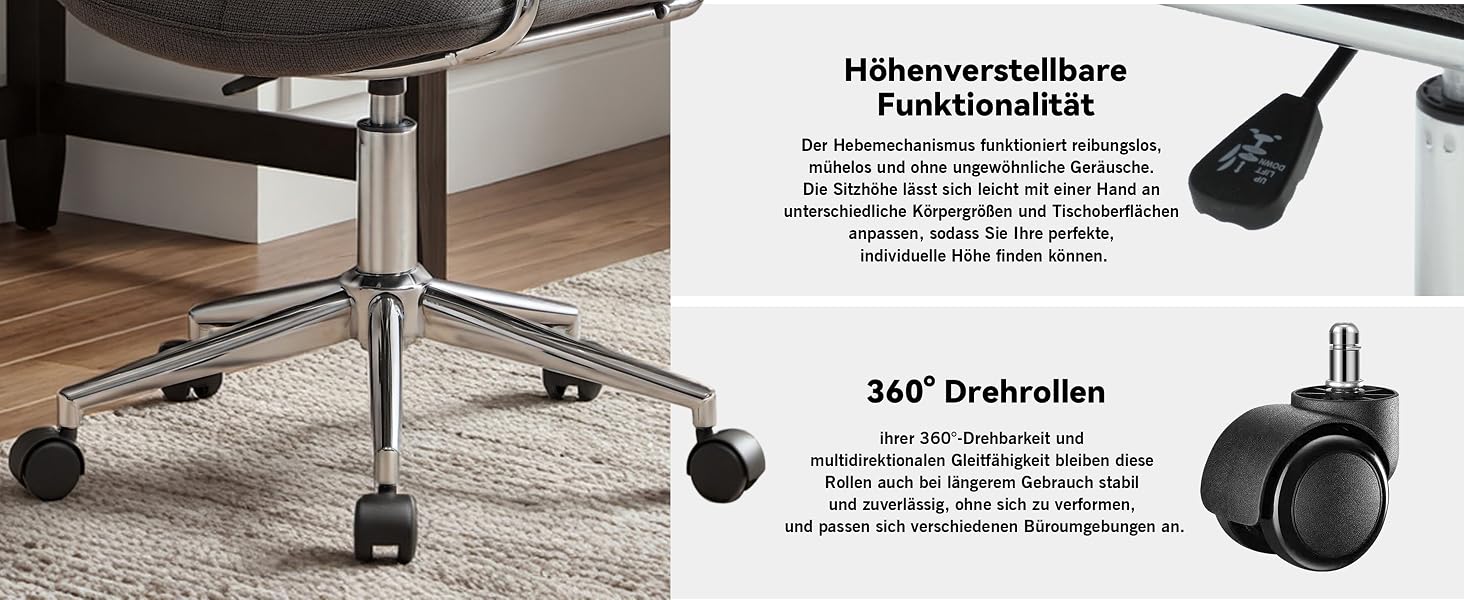 Der Text lautet „360° Drehrolle“. Mehrere Bilder zeigen die Lenkrollen von Bürostühlen in verchromter Ausführung, die verschiedene Blickwinkel und Installationsansichten auf Teppichen und Hartböden zeigen.