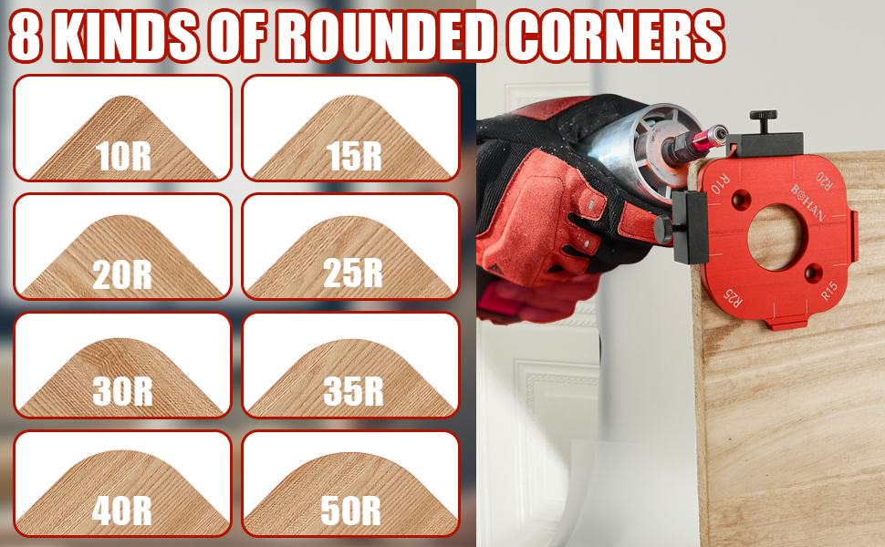 Chart showing 8 different rounded corner radius options ranging from 10R to 50R, displayed as brown curved corner samples arranged in a grid.