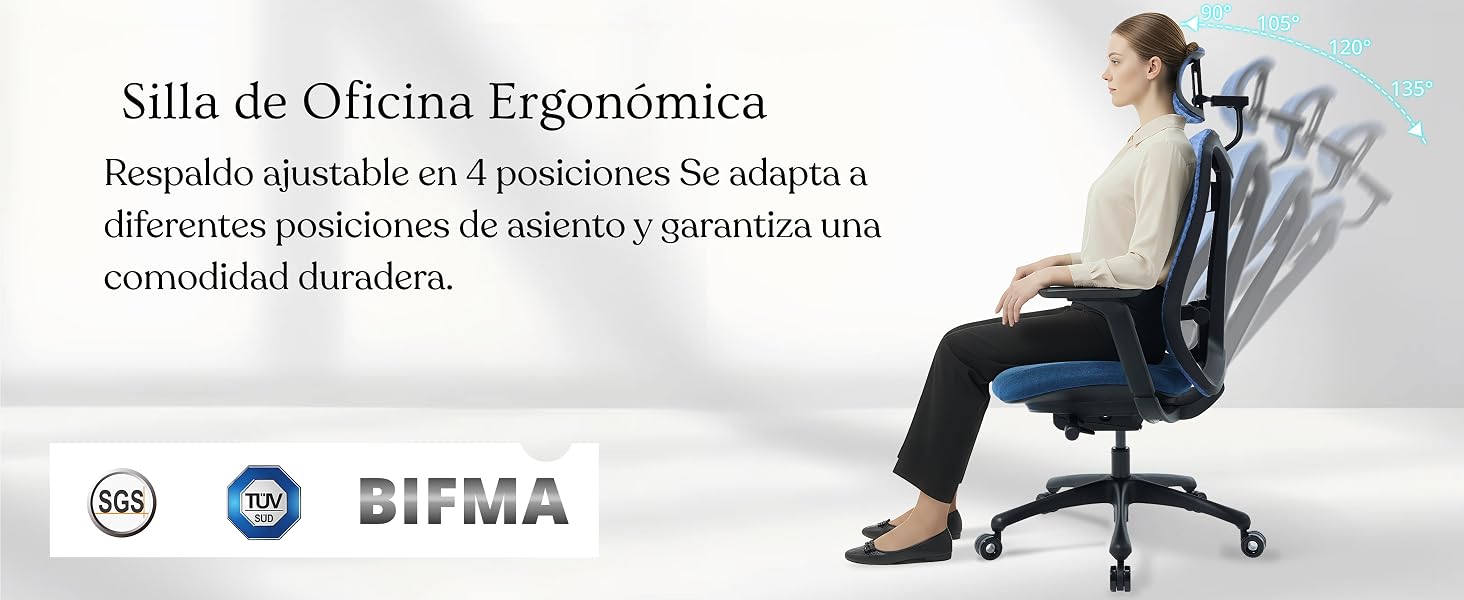 Imágenes de demostración de productos que muestran herramientas o equipos ergonómicos con logotipos de certificación, incluido BIFMA.
