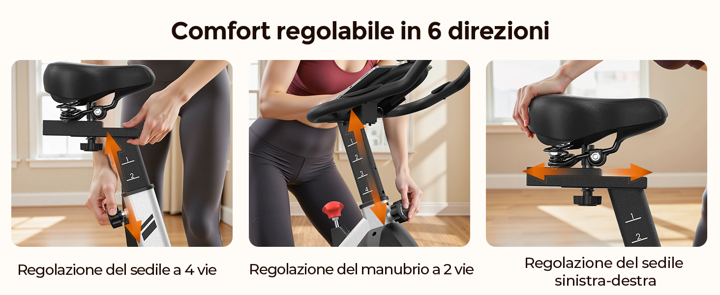 Il testo dice 'Comfort regolabile in 6 direzioni'. Diverse immagini didattiche che mostrano i meccanismi di regolazione di quello che sembra essere un sedile o una sedia con varie frecce direzionali che indicano le opzioni di movimento.