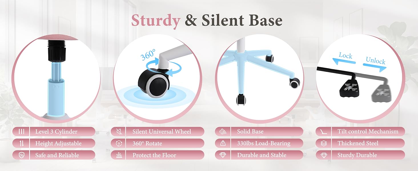 Text reads 'Sturdy &amp; Silent Base'. Four product feature icons showing assembly components and specifications with descriptive text labels beneath each circular icon.