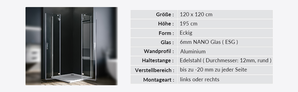 Duschkabine Eckeinstieg Pendeltür NANO Glas 120x120 195 Scharnier Duschtür Duschabtrennung faltbar