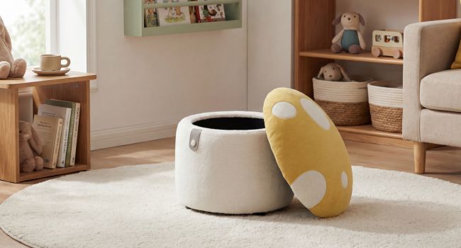 Cream-colored cylindrical fabric storage ottoman with yellow and white circular handles on lid, positioned on beige round rug in modern living room with wooden furniture and shelving.