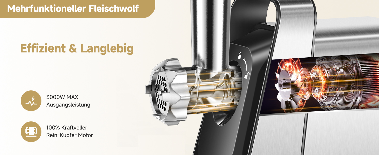 Fleischmühle aus Edelstahl mit sichtbaren inneren Komponenten, die Effizienz und Haltbarkeit hervorheben.