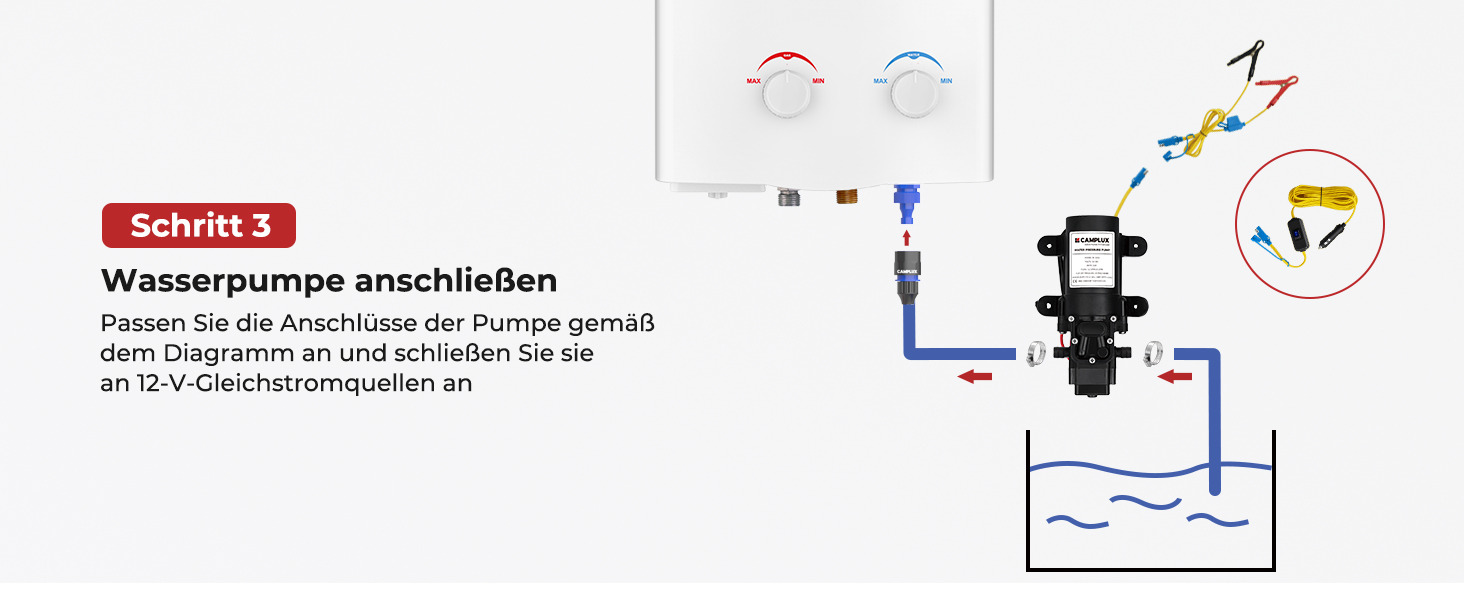 Diagramm mit Installationsschritten für eine Umwälzpumpe. Enthält eine farbcodierte Rohranordnung, elektrische Anschlüsse und Systemkomponenten mit deutschen