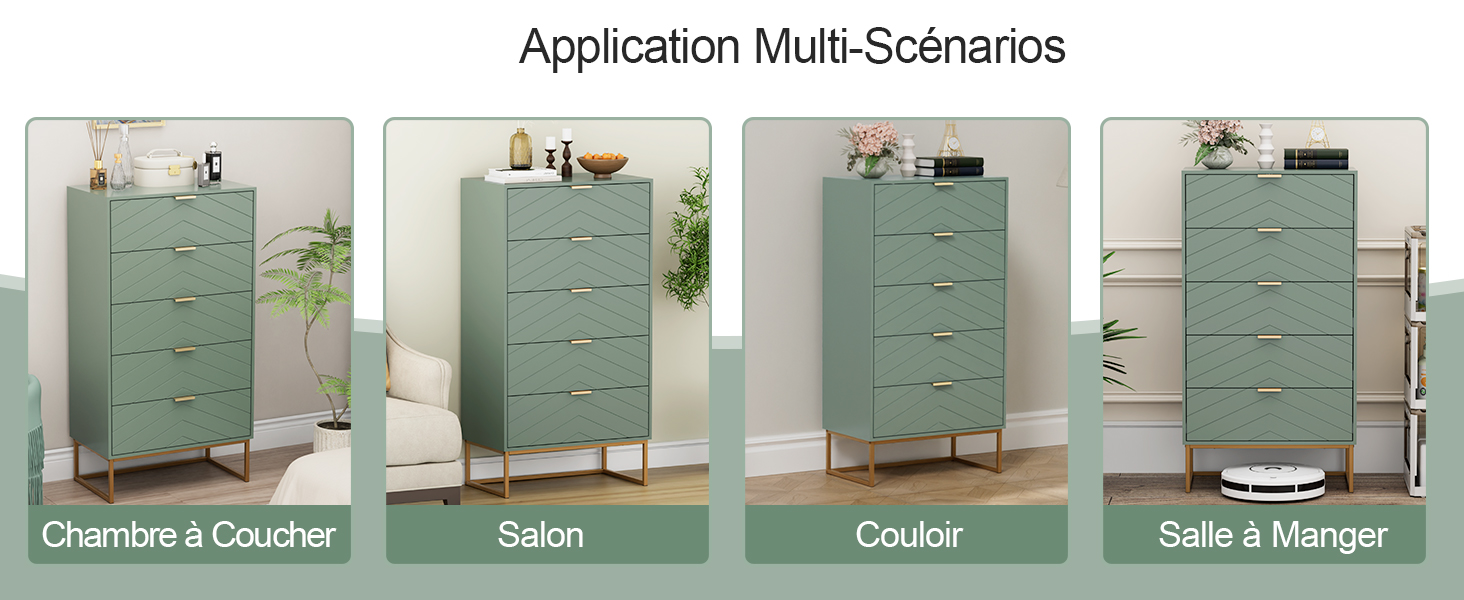 Le texte se lit comme suit : « Application multi-scénarios », « Salon », « Couloir », « Salle à Manger ». Série d'images montrant une commode vert menthe dans différents décors de pièces.