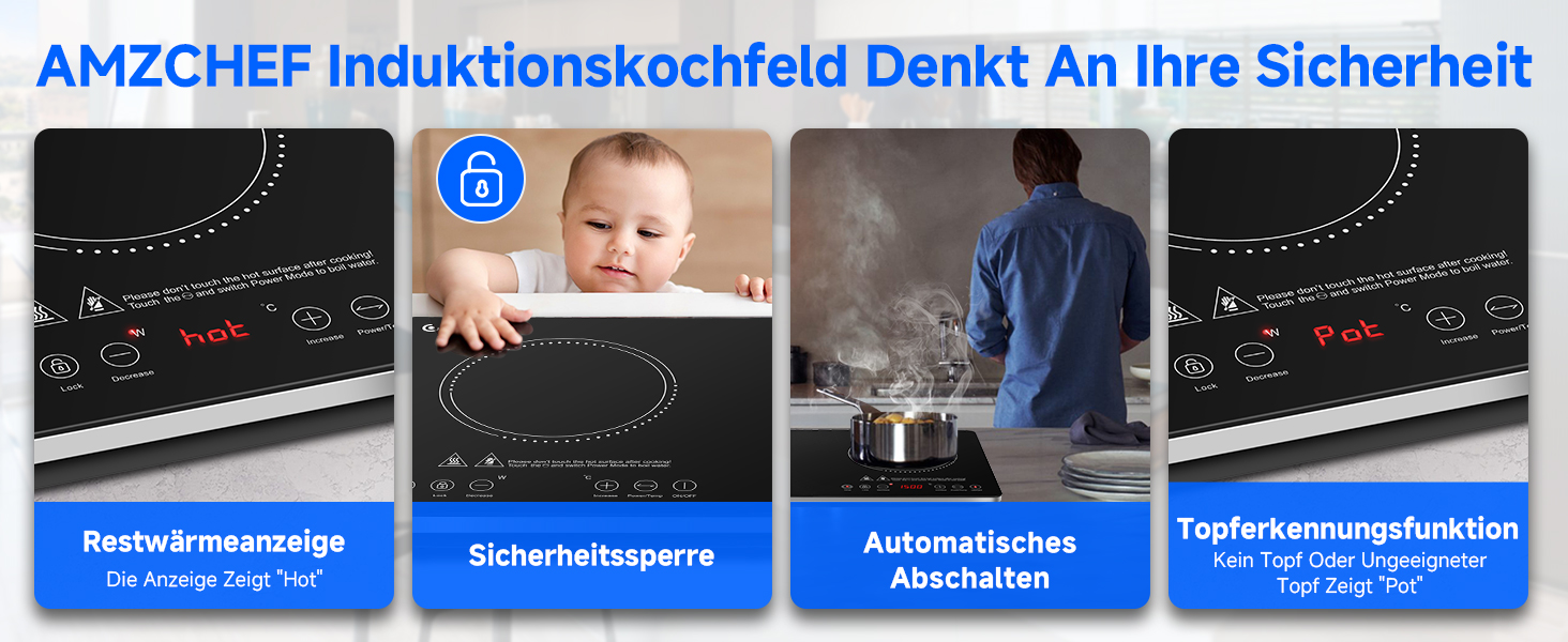 Zusammengesetztes Bild mit den Funktionen des Induktionskochfelds: Restwärmeanzeige, Sicherheitsverriegelung, automatische Abschaltung und Topferkennung. Zu den Bedienelementen gehören die Bedienelemente für das Kochfeld, das Baby, der Dampfkochtopf