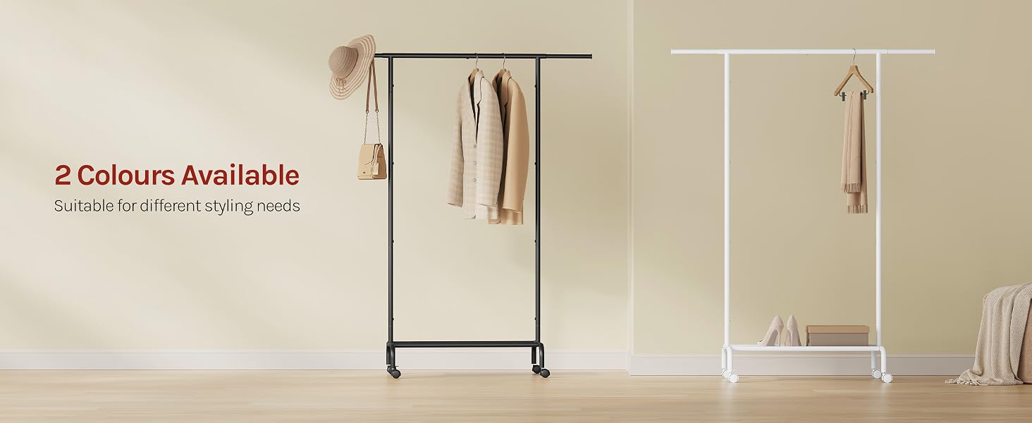 Text reads "2 Colours Available", "All the fabric is strong" (partial text). Image shows metal clothing rack with garments, displayed in two color variations - dark metal frame and light/chrome frame versions.