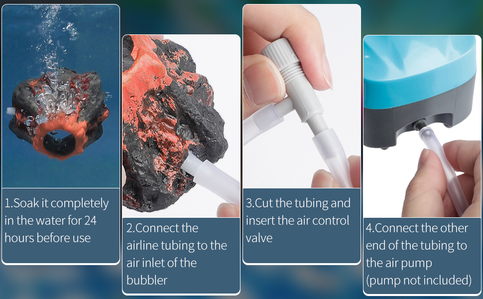 Four-step instructions for using an air stone bubbler: soak in water, cut tubing, insert into valve, connect to air pump. Includes close-up images of each step.