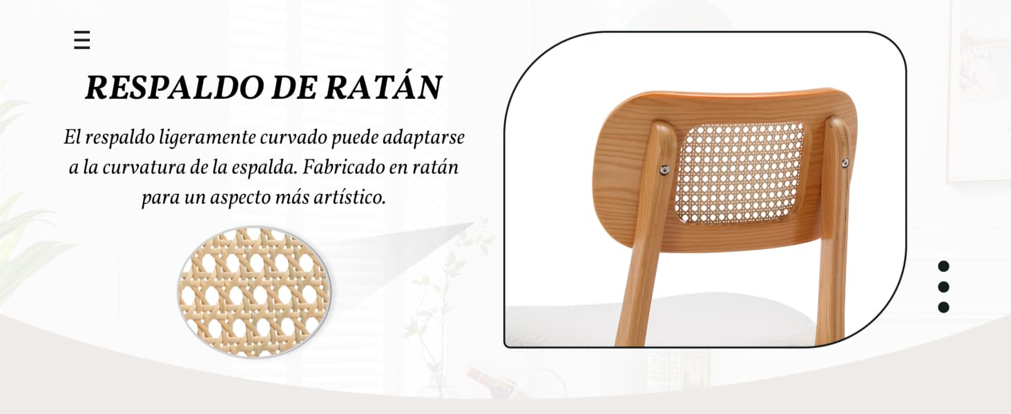 Silla de comedor de madera con respaldo de ratán.