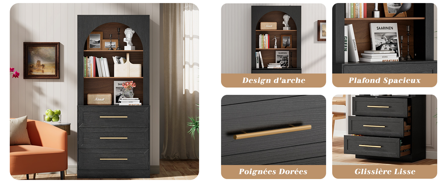 Plusieurs vues d'une commode noire moderne ou d'un meuble de rangement à tiroirs, présentées dans différents décors de pièce, démontrant son emplacement et sa fonctionnalité.