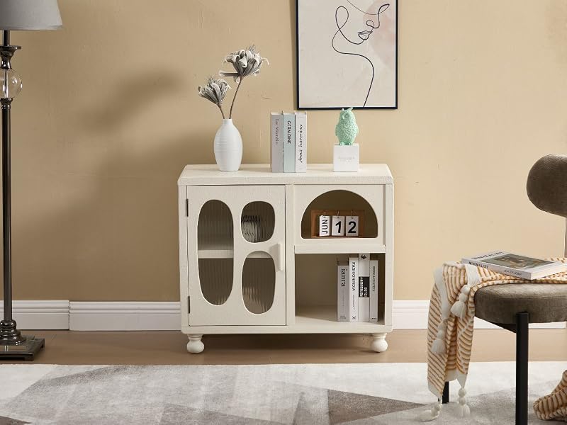 Modern minimalist white entertainment unit or TV stand shown from different angles, featuring clean lines and storage compartments against beige wall.