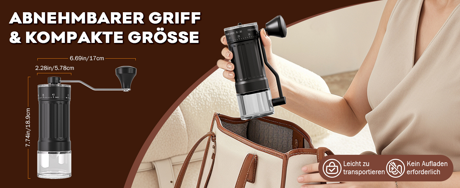 Der Text lautet „ABNEHMBARER GRIFF & KOMPAKTE GRÖSSE“. Wie ein Handgerät mit schwarzem Griff verwendet wird.