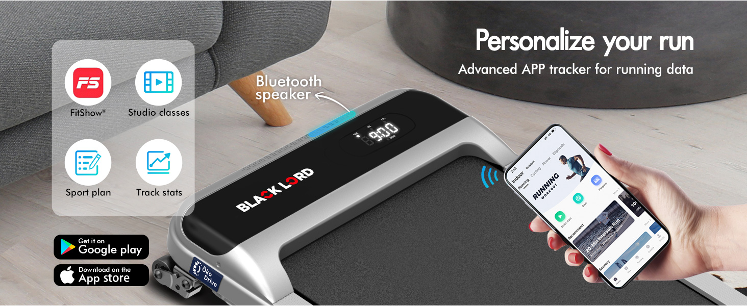 Fitness device interface showing app connectivity features, with smartphone displaying workout tracking application