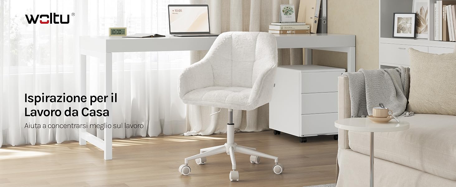 Il testo recita «waitu» e «Ispirazione per il Lavoro da Casa». Interni moderni per l'home office con mobili bianchi, scaffali, scrivania e arredamento in stile minimalista.