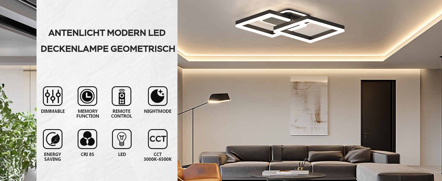 Moderne geometrische LED-Deckenleuchte mit quadratischem Design, präsentiert in einem modernen Wohnzimmer mit abgebildeten Produktmerkmalssymbolen.