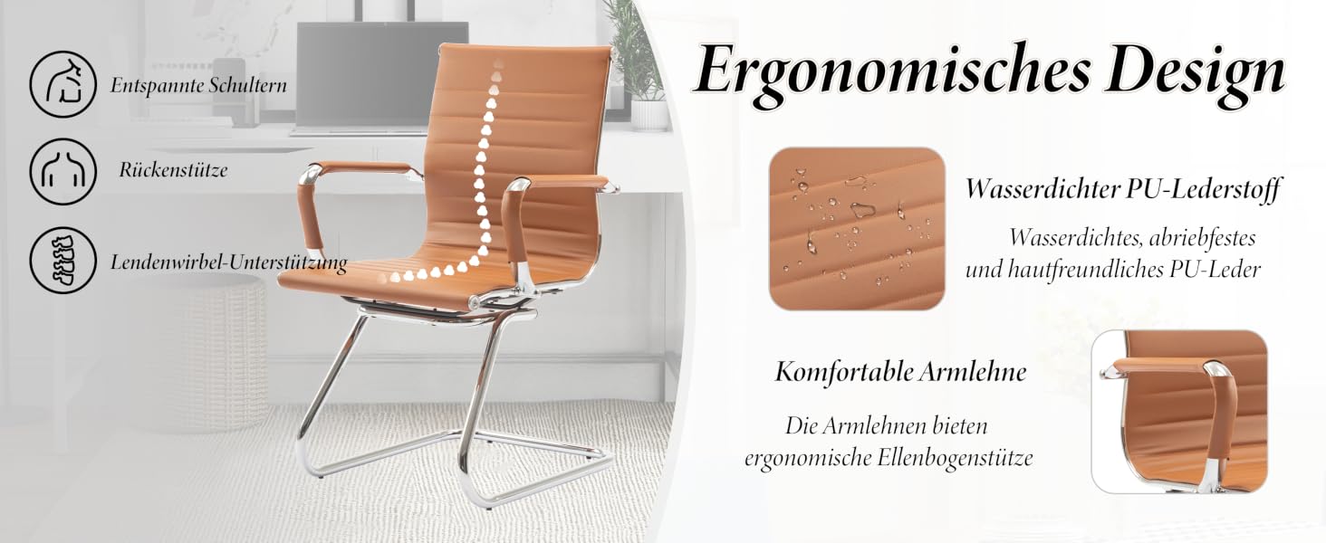 Moderner Bürostuhl mit hellbrauner Polsterung, Chromgestell und Freischwinger. Er verfügt über ein ergonomisches Design mit Lendenwirbelstütze, gepolsterten Armlehnen und verstellbarer Höhe. Die Produktdetails heben den Komfort und das Material aus PU-Leder