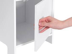 a hand opening a cabinet door