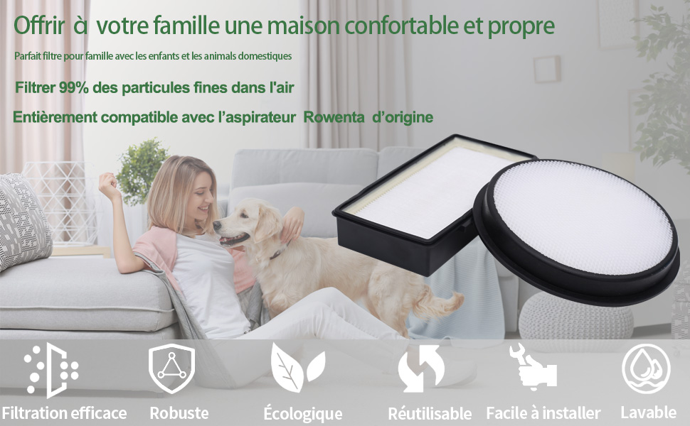 affichés avec les caractéristiques du produit. Formes de filtre circulaires et rectangulaires illustrées. L'image montre une femme et un chien sur un canapé, démontrant un usage domestique.