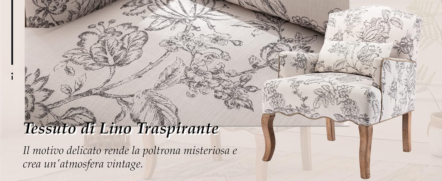 con rivestimento a motivo floreale in grigio chiaro e bianco. Gambe in legno a vista. Il testo in italiano descrive il tessuto come 'Tessuto di Lino Traspirante'.
