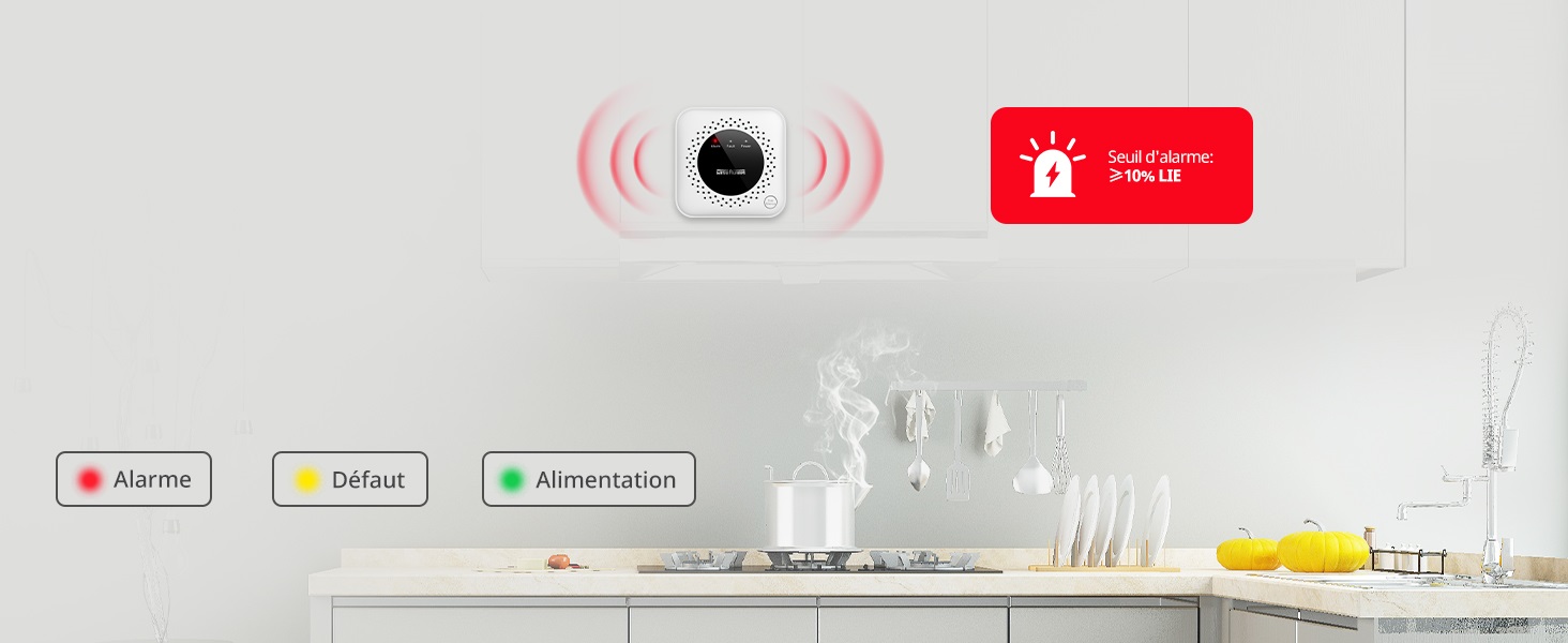 Appareil de surveillance ou de surveillance de cuisine avec voyant rouge et icône de signal sans fil, monté au-dessus de la surface du comptoir.