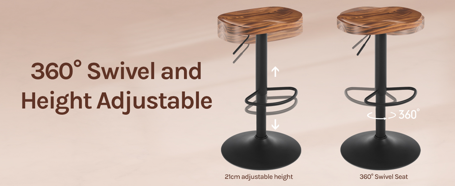 Two bar stools with round wooden seats and black metal bases. Features 360-degree swivel and height-adjustable functionality, with footrests and sleek modern design.