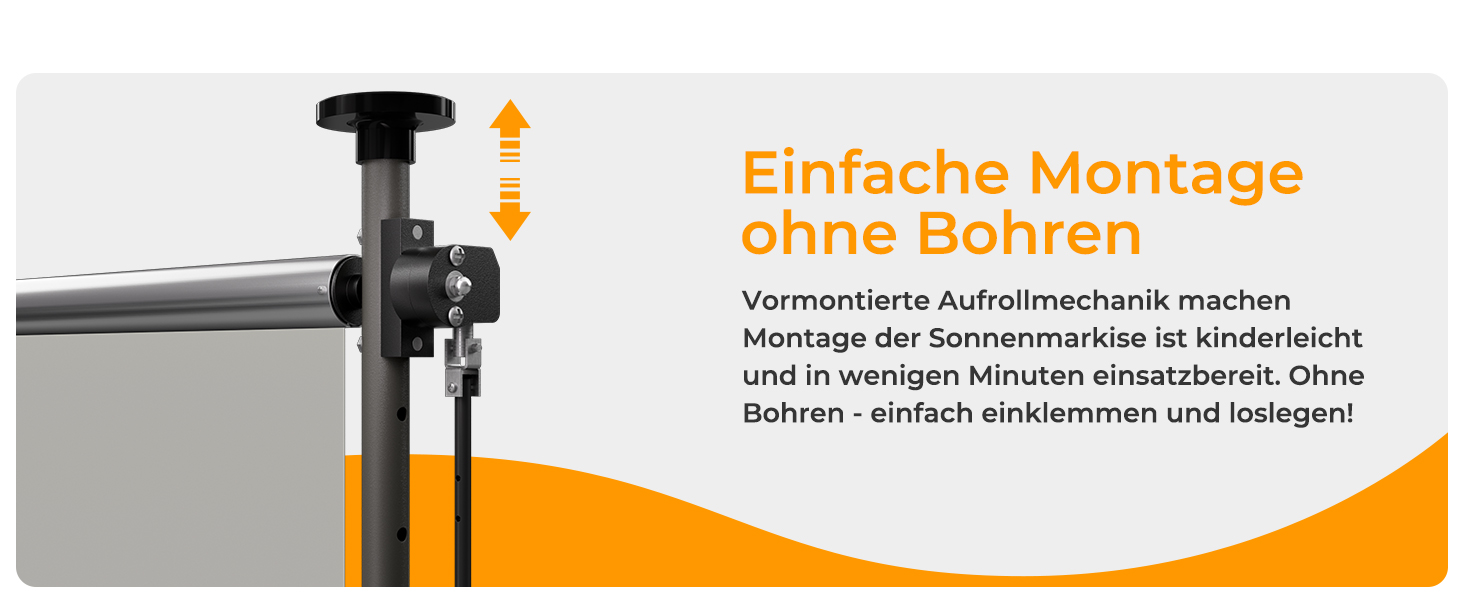 Der Text lautet „Einfache Montage“ und „Vormontierte Aufrollmechanik machen Montage der Sonnenmarkise ist kinderleicht und in wenigen Minuten umgesetzt!“ Die Produktdemonstration zeigt schwarze Montageteile mit orangefarbenen Pfeilanzeigen.