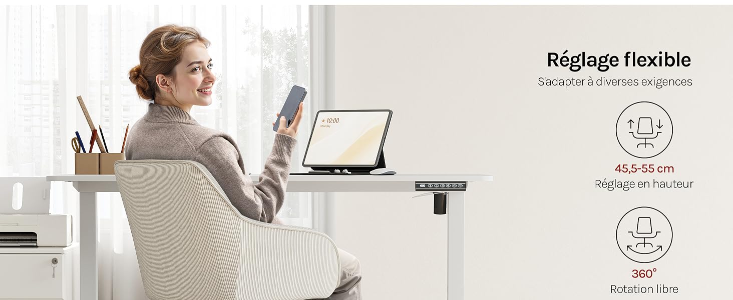 Le texte indique « Mélange flexible », « L'Ergot d'Ergue ». Personne en chandail blanc montrée de dos au bureau avec un ordinateur portable et des produits, démontrant une posture de travail ergonomique en milieu de bureau.