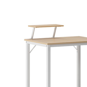 un bureau blanc avec un plateau blanc et un plateau en bois.