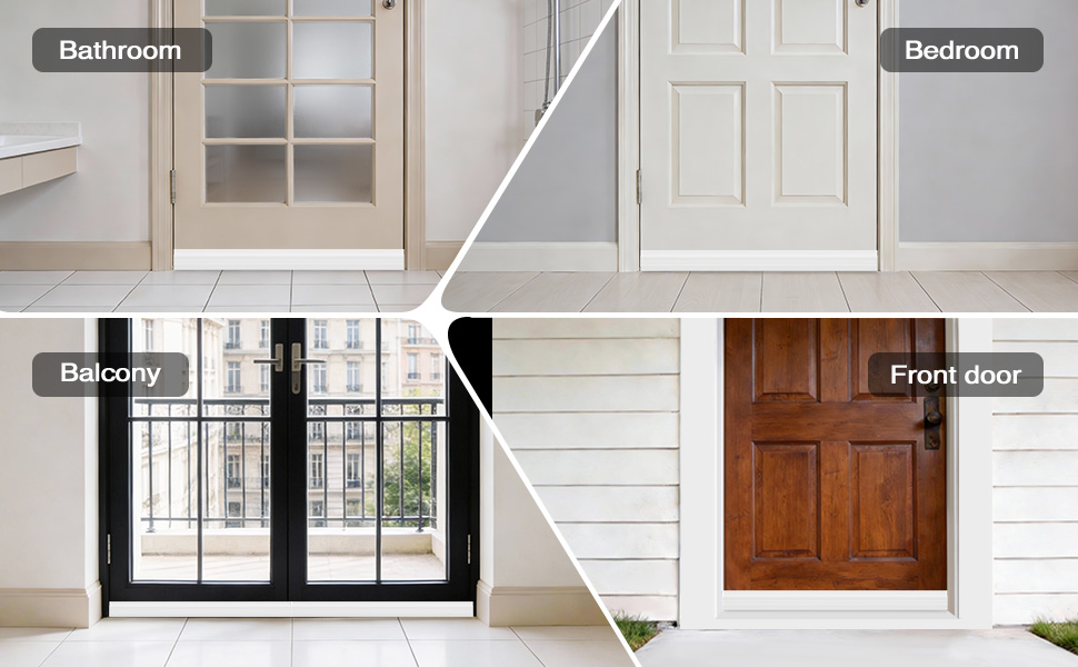 Text reads: 'Bathroom', 'Bedroom', 'Balcony', 'Front door'. Split image showing four different interior/exterior elements of a home with labeled sections.