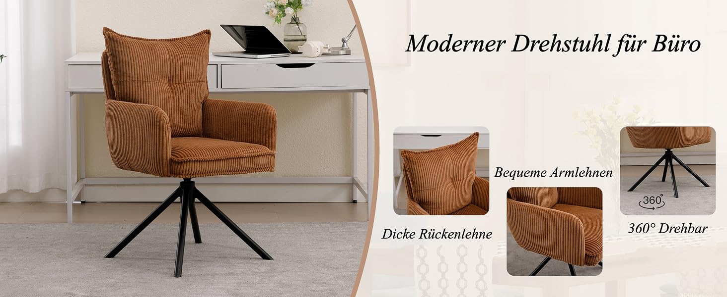Der Text lautet „Moderner Drehstuhl für Büro“, „Drehbare Armlehnen“, „Dicke Rücklehne“, „360° Drehbar“.
[SENTENCE 8] Brauner gepolsterter Bürostuhl mit Hinweisen zu den Produktmerkmalen.