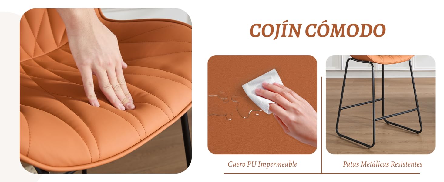 El texto dice: «COJÍN CÓMODO». Imagen de tres paneles que muestra las instrucciones de cuidado del cojín: limpiar a mano la superficie naranja del cojín, limpiar con un paño y colocar el cojín sobre un soporte metálico.