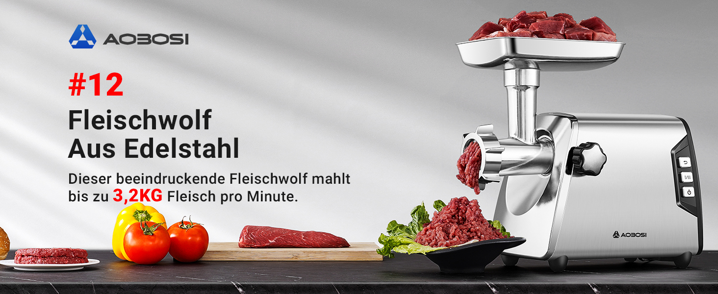Fleischwolf aus Edelstahl mit Präsentation von rohem Fleisch und frischem Gemüse. Produkt der Marke Aoaosi mit der Aufschrift „#12 Fleischwolf Aus Edelstahl“