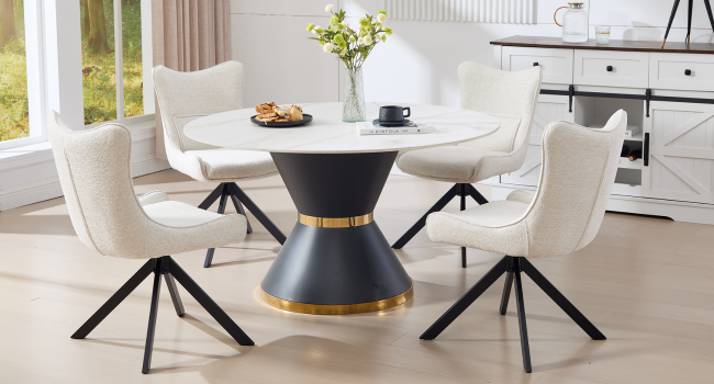 Series of modern dining room settings featuring black and white tables with distinctive X-shaped bases and white chairs in bright, contemporary spaces.