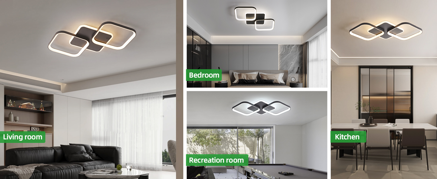 Moderne LED-Deckenleuchten mit geometrischen Formen in verschiedenen Raumeinstellungen, einschließlich Wohnzimmer, Schlafzimmer, Küche und Aufenthaltsraum. Die Leuchten verfügen über quadratische und rechteckige Designs mit verstellbaren Paneelen.